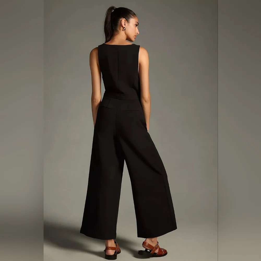 Anthropologie Maeve V-Neck Pinafore Wide-Leg Jumpsuit Black Size 10 - Picture 4 of 7